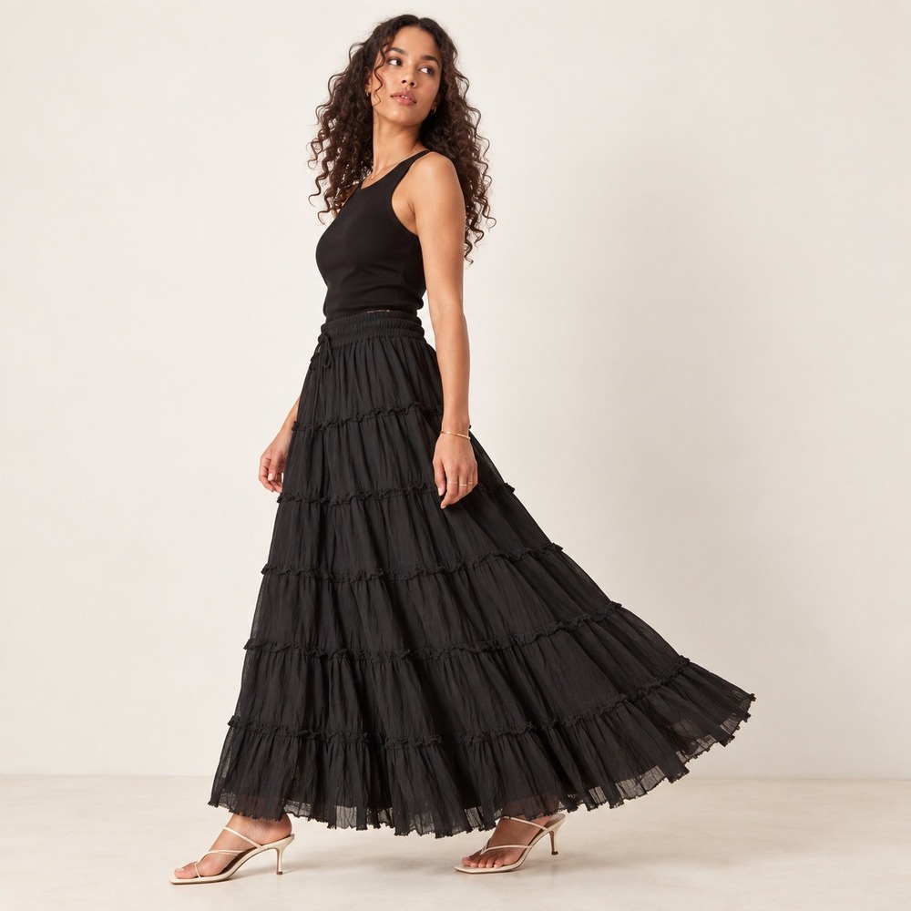 Silverstream Black Cotton Tiered Crinkle Maxi Skirt OneSize Boho Prairie Peasant